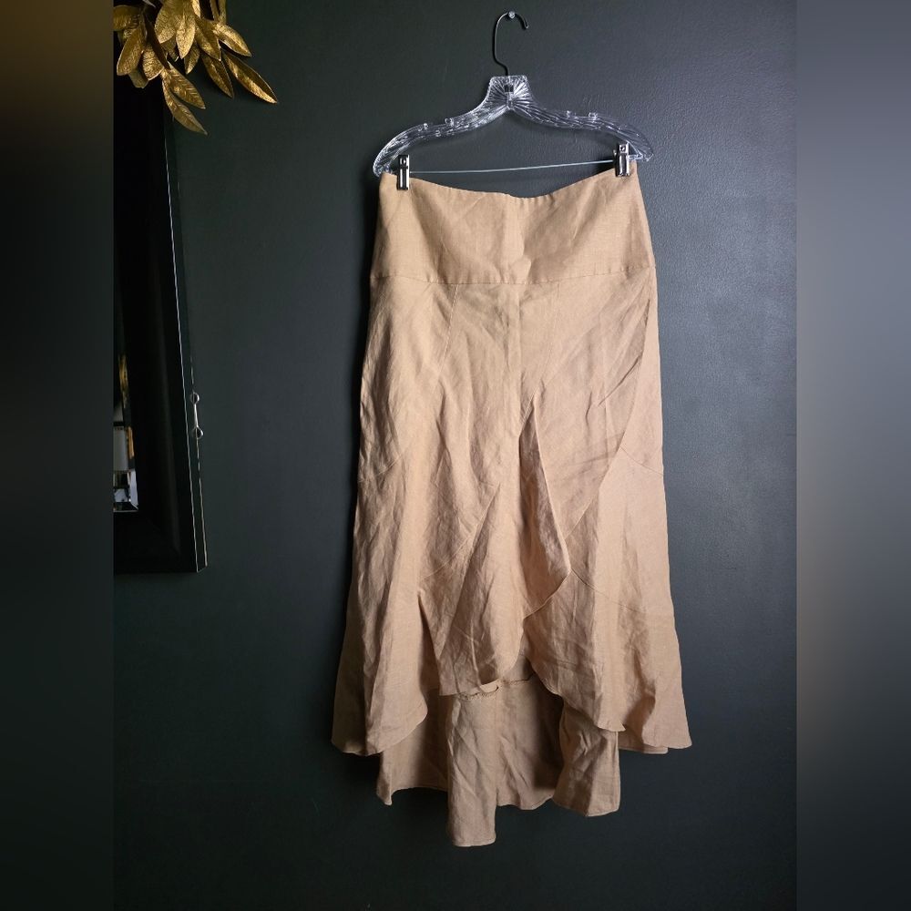 Bandolino Y2K Tan Linen Blend Asymmetrical Tiered Ruffle Midi Skirt Sz 6 - Picture 6 of 8